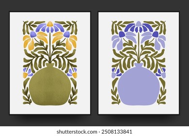 Florero y florero Matisse estilo minimalista. dibujado a mano plano y texturizado conjunto de arte de diseño para la decoración de la pared, postal, cartel, cubierta.