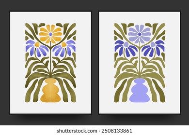 floral and vase matisse minimal style. hand drawn flat and textured design art set for wall decor, post card, poster, cover.