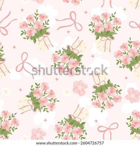 Floral Vase and Ribbon Seamless Pattern | Pink Pastel Flower Bouquet Repeat for Fabric, Paper, and Spring Crafts