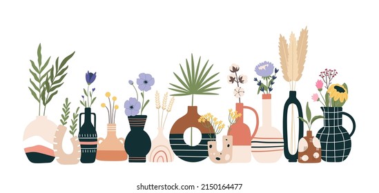 Floral vases of collection poster, flowers and plant. Vector nature flower, floral plant vase, set graphic home garden illustration