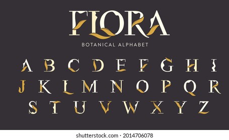 Floral Vector Alphabet with decorative leafs elements. Modern elegance font with uppercase letters. Vector Illustration.