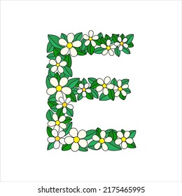 Alfabeto vectorial floral. Carta E hecha de flores. Fuentes alfabéticas aisladas sobre fondo blanco. Vector dibujado a mano. Letra E única con hojas y flores chamótiles.