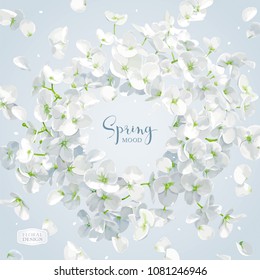 Floral vector art - luxurious white Hydrangea flower and Apple blossom composition with flying petals. Template for 8 March, wedding, Valentine's Day,  Mother's Day, sales and other seasonal events.