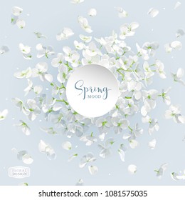 Floral vector art - luxurious white Hydrangea flower and Apple blossom composition with flying petals. Template for 8 March, wedding, Valentine's Day,  Mother's Day, sales and other seasonal events.