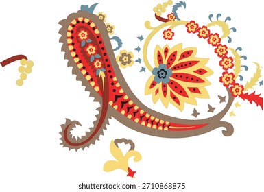 Arte vetorial floral com padrões paisley, flores abstratas e motivos de arte folclórica - perfeito para tecidos boho, estampas de moda, arte ornamental e design de padrões decorativos.
