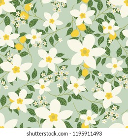 Floral vector artwork for apparel and fashion fabrics, Jasmine flowers and lemon in wreath ivy style with branch and leaves. Seamless patterns background.