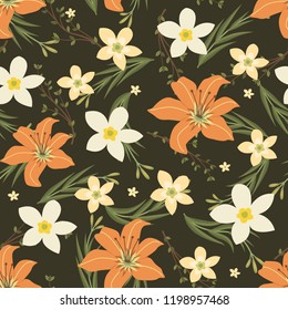 Floral vector artwork for apparel and fashion fabrics, Orange orchid flowers wreath ivy style with branch and leaves. Seamless patterns background.