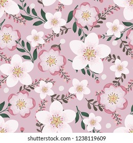 Floral vector artwork for apparel and fashion fabrics, Pink sakura flowers wreath ivy style with branch and leaves. Seamless patterns background.