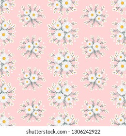 Floral vector artwork for apparel and fashion fabrics, Chamomile flowers wreath ivy style with branch and leaves. Seamless patterns background.