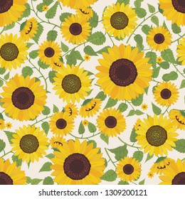 Floral vector artwork for apparel and fashion fabrics, Yellow sunflowers wreath ivy style with branch and leaves. Seamless patterns background.