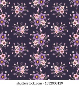 Floral vector artwork for apparel and fashion fabrics, Purple flowers wreath ivy style with branch and leaves. Seamless patterns background.