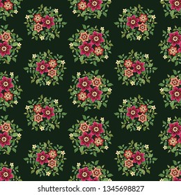 Floral vector artwork for apparel and fashion fabrics, Pink flowers wreath ivy style with branch and leaves. Seamless patterns background.