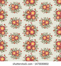 Floral vector artwork for apparel and fashion fabrics, Red rosa gallica flowers wreath ivy style with branch and leaves. Seamless patterns background.