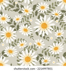 Floral vector artwork for apparel and fashion fabrics, White daisy flowers wreath ivy style with branch and leaves. Seamless pattern background.