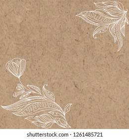 Floral vector background with abstract leaves, flowers and place for text on kraft paper. Invitation, greeting card or an element for your design. Corner composition.