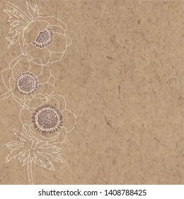 Floral vector background with anemone flowers and place for text on kraft paper. Invitation, greeting card or an element for your design. Vertical composition.