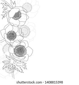 Floral vector background with anemone flowers and place for text. Invitation, greeting card or an element for your design. Vertical composition on a white background. Line art.