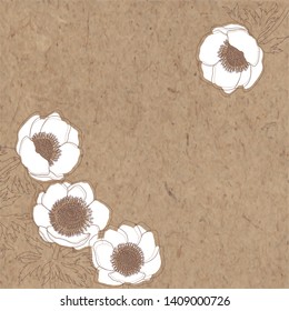 Floral vector background with anemone flowers and place for text on kraft paper. Invitation, greeting card or an element for your design. Corner composition.