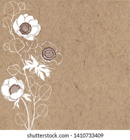 Floral vector background with anemone flowers, eucalyptus branches  and place for text on kraft paper. Invitation, greeting card or an element for your design. Vertical composition.