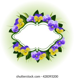 Floral vector background with beautiful pansies. Vintage frame with place for your text.