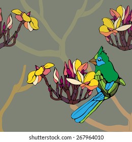 Floral Vector background with bird. Fabric design . Vector Design element.