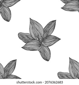 Floral vector background black and white. Linear lily flower line seamless pattern for textile design. Vector seamless black and white flower pattern.