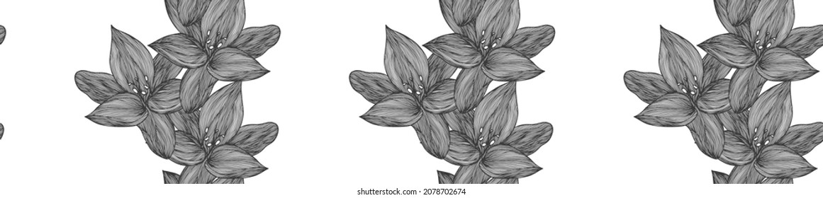 Floral vector background black and white. Linear lily flower line seamless pattern for textile design. Vector seamless black and white flower pattern.