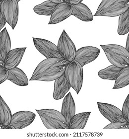 Floral vector background black and white. Linear lily flower line seamless pattern for textile design. Vector seamless black and white flower pattern.