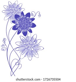 Floral vector background with blooming passionflower and place for text on white. Perfect for greeting cards and invitations or an element for your design. Monochrome.