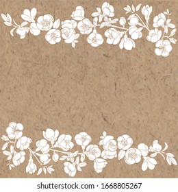 Floral vector background with blooming quince tree branches and place for text on craft paper. Perfect for greeting cards and invitations or an element for your design. Horizontal composition.