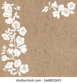 Floral vector background with blooming quince tree branches and place for text on craft paper. Perfect for greeting cards and invitations or an element for your design. Corner composition.