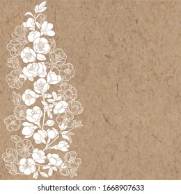 Floral vector background with blooming quince tree branches and place for text on craft paper. Perfect for greeting cards and invitations or an element for your design. Vertical composition.