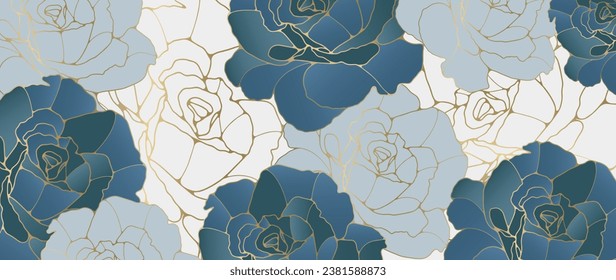 Floral vector background in blue tones with rose flowers. Abstract background with golden outlines for decor, wallpaper, covers, cards