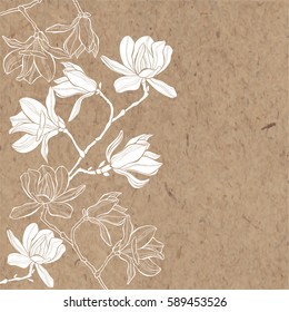 Floral vector background. Branches with flowers of magnolia on kraft paper. Invitation or greeting card.