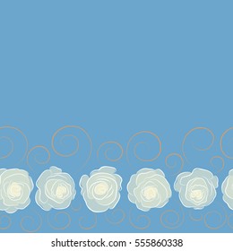 Floral vector background with copy space (place for your text). Seamless pattern with blue, orange and beige roses. Vintage horizontal pattern with indian batik style rose flowers.