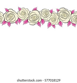 Floral vector background with copy space (place for your text). Seamless pattern with beige and magenta roses. Vintage horizontal pattern with indian batik style rose flowers.