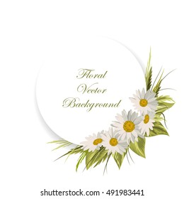 Floral vector background. Corner composition with white daisies, green leaves and herbs. White round banner with place for your text.