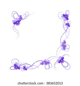 Floral vector background. Corner frame with violet flowers, ribbons and pearls for use in your design. 