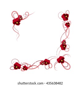 Floral vector background. Corner frame with pansy flowers, ribbons and pearls for use in your design.