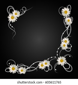 Floral vector background. Corner frame with daisy flowers, ribbons and pearls on black background.