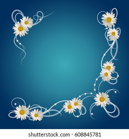 Floral vector background. Corner frame with daisy flowers, ribbons and pearls on blue background.