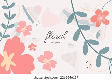 Floral vector background. Cute wallpaper design with delicate pink flowers, leaves and spots. Minimalistic, spring botanical illustration suitable for fabric, prints, cover art.