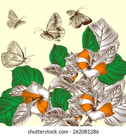 Floral vector background with engraved flowers