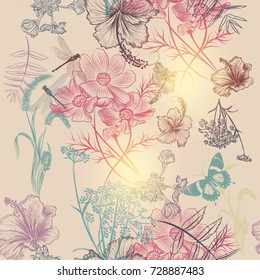 Floral vector background with engraved flowers hibiscus, dragonfly. Nature illustration