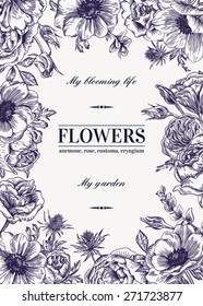 Floral vector background with flowers. Anemone, rose, eustoma, eustoma. Black and white illustration.