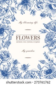 Floral vector background with flowers in blue. Anemone, rose, eustoma, eustoma.