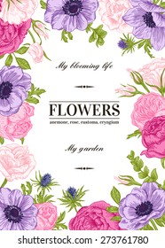 Floral vector background with flowers in pastel colors. Anemone, rose, eustoma, eustoma.