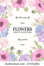 Floral vector background with flowers in pastel colors. Anemone, rose, eustoma, eustoma.