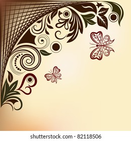 Floral vector background with flying butterflies.