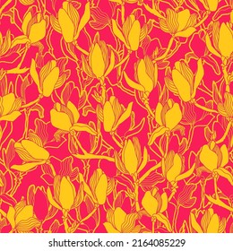 Bloraler Vektorhintergrund. Handgezeichnete Blumen. Malte Magnolienblüte nahtlose Muster, Äste, Blumen, Blätter und Knospen. Moderner ModeStoffdruck.